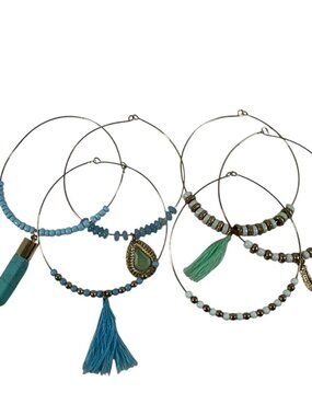 Boho Gold Tone Bangle Bracelet Set 6 Blue Beads Tassel Charms Layered Stacking